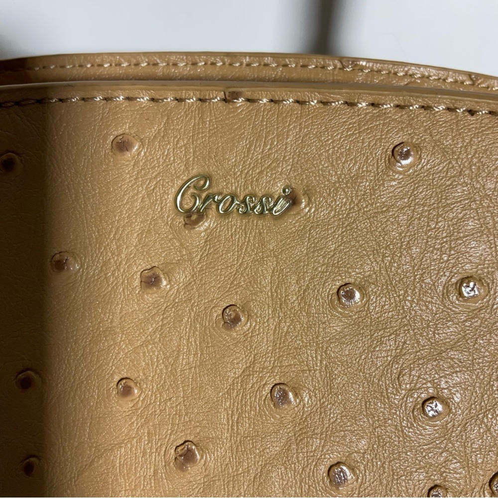 Crossi Woman’s Ostrich Faux Leather Bow Camel Tan Double Pocket Gold Zip Bag - Picture 10 of 16